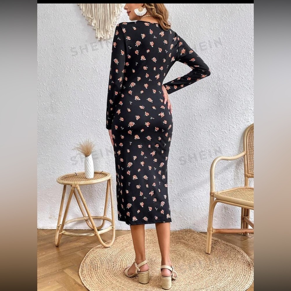 SHEIN VCAY Allover Floral Print Split Thigh Bodycon Dress size S new with tag - Picture 5 of 15